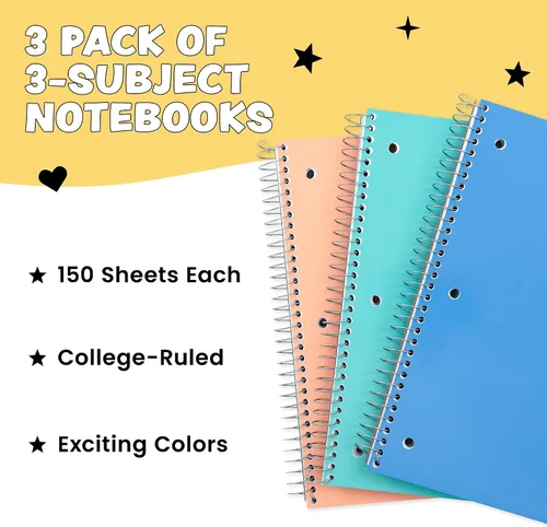 Vista 2 de Yoobi Essentials Bundle – Cuadernos y lápices de composición con rayas universitarias, paquete de 3 materias, 150 páginas, cuadernos perforados de 3