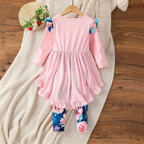 Vista 4 de TBUIALL Conjunto de dos piezas para niños pequeños, pantalones de flores, manga larga, con volantes, vestido de camiseta para niña