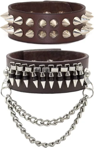 Vista 7 de Xusamss 2 pulseras punk, de aleación, remaches, bala, cadena, cuero, 7 1/2 muñecas