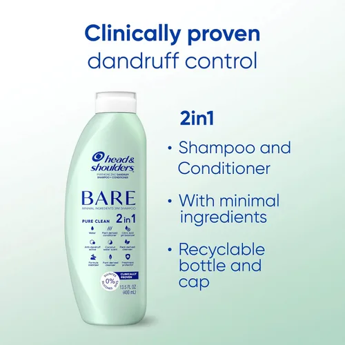 Vista 2 de Head & Shoulders - Champú y acondicionador anticaspa 2 en 1, BARE Pure Clean, paquete doble, 1% de piritiona de zinc, cuidado del cuero cabelludo