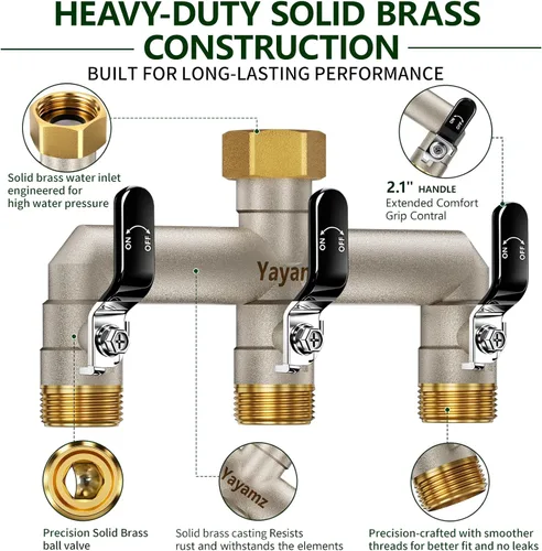 Vista 2 de 3-Way Garden Hose Splitter, Heavy-Duty Brass, 3/4" GHT, (Black)