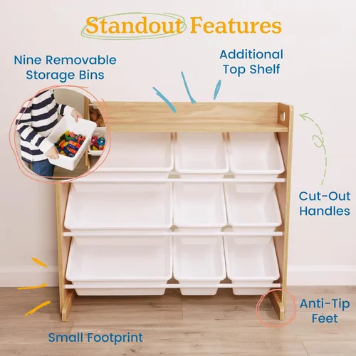 Vista 6 de ECR4Kids Organizador de 3 niveles con estante y 9 contenedores, almacenamiento para juguetes, natural oscuro/blanco