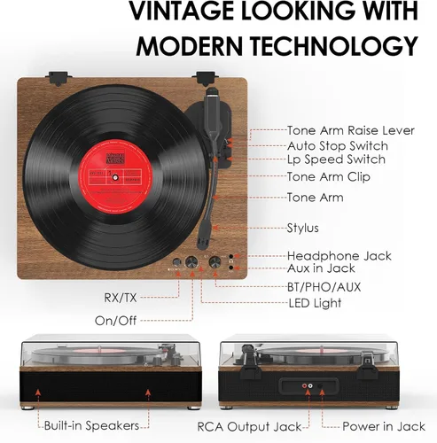 Vista 7 de Tocadiscos de vinilo Bluetooth de 3 velocidades de tamaño completo con entrada/salida Bluetooth, altavoces integrados, contrapeso y parada Canela