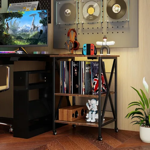 Vista 9 de Giantex Soporte para tocadiscos con estación de carga, soporte para tocadiscos con almacenamiento de discos y 4 ruedas rodantes, mesa