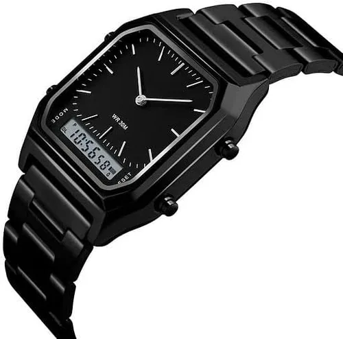 Vista 2 de Gosasa Reloj de pulsera cuadrado multifunción con doble pantalla de acero inoxidable y correa analógica