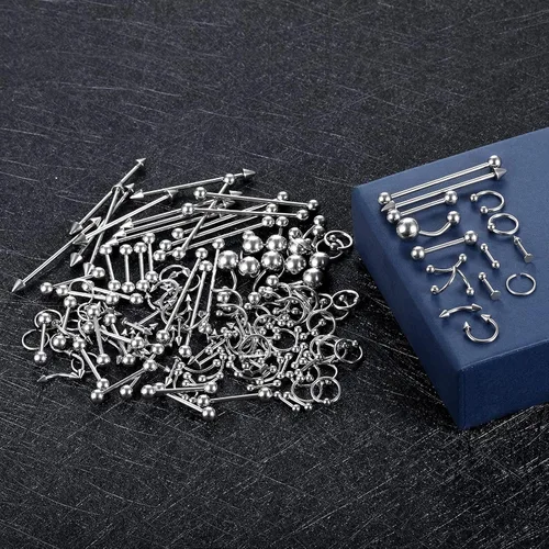 Vista 5 de Xpircn Kit de 150 piercings de acero inoxidable para labios, nariz, lengua, tragus, cartílago, daith, cejas, ombligo, ombligo, piercing