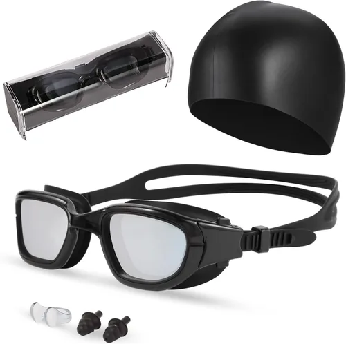 Vista 11 de Gafas de natación, gafas para adultos con gorro de natación, clip de nariz y tapones para los oídos, protección UV, lente antivaho y funda