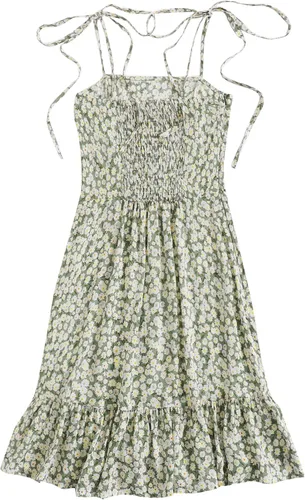 Vista 3 de SheIn - Vestido corto de verano con volantes para mujer estampado floral sin mangas con lazo en los hombros acampanado vestido de playa