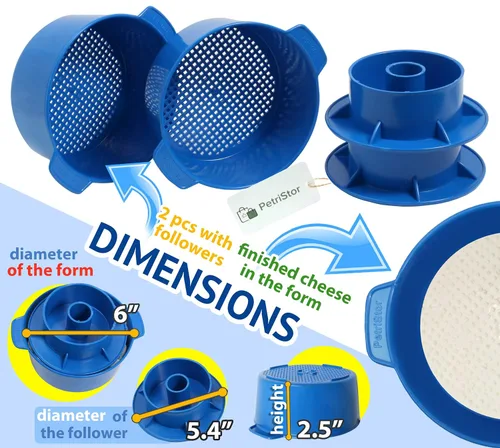 Vista 3 de Kit de fabricación de queso, 2 piezas de molde de queso con pistón seguidor azul y gasa de algodón, cesta para queso, molde para queso
