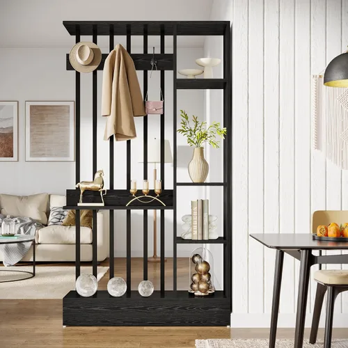 Vista 2 de Tribesigns Divisor de pared de habitación, estantería independiente de madera con estantes y ganchos para abrigos, 71 pulgadas, moderna partición