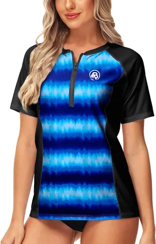 Vista 6 de AOBUTE Women Zip Rash Guard UPF 50+ Gradient Short Sleeve Swim Top Surf Shirts