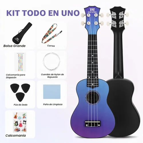 Vista 7 de Ukelele Soprano MUSTAR, Ukelele de Tilo de 21 Pulgadas para Principiantes, Kit de Ukeleles con Bolsa de Concierto, Correa, Púas, Paño, Adhesivo Azul