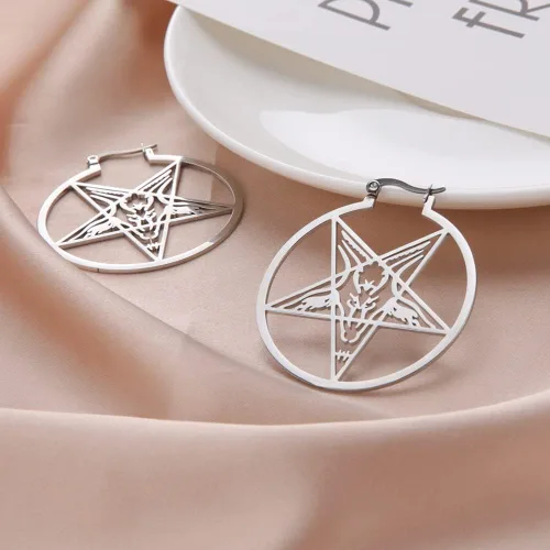 Vista 2 de LIKGREAT Aretes grandes de pentagrama para mujer, aretes de aro con hebilla de pentáculo, pendientes de Wiccan paganos, joyería de fiesta