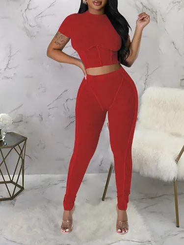 Vista 2 de acelyn Conjunto de entrenamiento casual para mujer, trajes de 2 piezas para verano, acanalados, manga corta, top corto y leggings de cintura alta