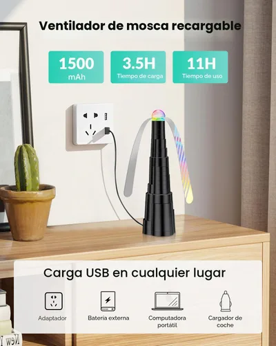 Vista 4 de Ventiladores de mosca para mesas, ventilador de mesa recargable con luz LED, giratorio de mosca con cuchillas holográficas suaves para picnic