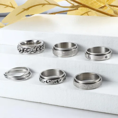Vista 2 de Sanfenly 6 anillos giratorios de acero inoxidable para mujeres y hombres anillos antiansiedad anillo de luna estrella arena acabado explosivo alivio