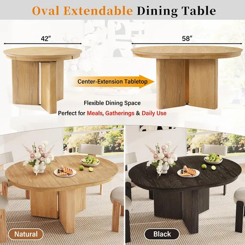 Vista 7 de Mesa de comedor extensible ovalada de madera con base de pedestal Marrón