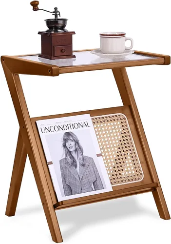 Vista 10 de Tiita Mesa auxiliar de ratán, mesita de noche de mediados de siglo, mesas de noche de bambú de 2 niveles, mesas de café de cristal, mesa auxiliar