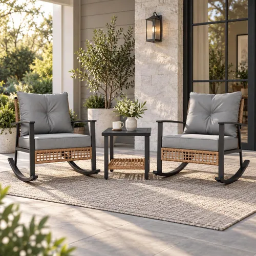 Vista 8 de LAUSAINT HOME Mecedora de mimbre para exteriores, silla de patio de gran tamaño, cómoda silla mecedora con cojín grueso, silla moderna y acogedora