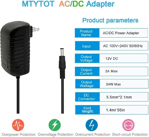 Vista 2 de Fuente de alimentación DC 12V Adaptador universal de CA 2A, 100-240 50/60Hz Transformador de 12 voltios y 2 amperios, cable adaptador de corriente