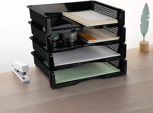 Vista 5 de Bandeja de almacenamiento de papel apilable de plástico, bandeja apilable de oficina, negro, paquete de 6