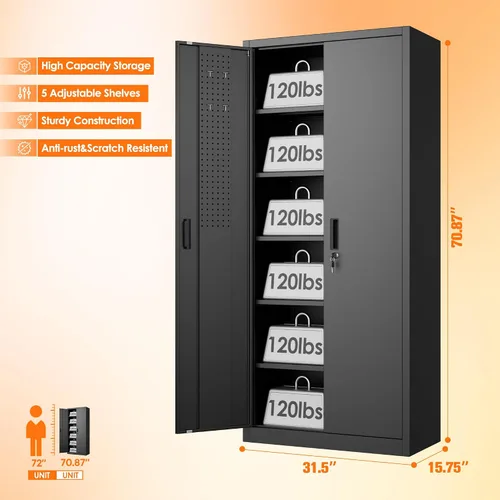 Vista 3 de Aobabo Gabinete de Almacenamiento de Metal de 71" A×32" An×16" P con 5 Estantes Ajustables, Gabinete de Almacenamiento de Garaje con Cerradura