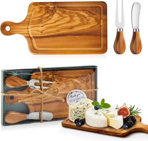 Vista 10 de Ziliny Tabla cuadrada de madera de queso con cuchillo y tenedor, con caja y etiqueta de agradecimiento, para San Valentín, despedida de soltera