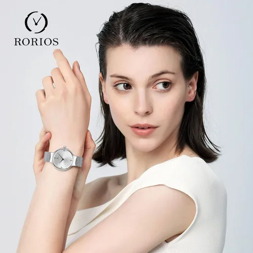 Vista 2 de RORIOS Creative - Reloj analógico de cuarzo para mujer, con correa de malla de acero inoxidable, resistente al agua