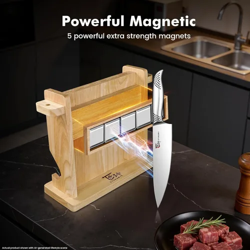 Vista 3 de SYOKAMI Juego de cuchillos japoneses para cocina, juego de cuchillos magnéticos con bloque y afilador, juego de cuchillos de acero inoxidable como