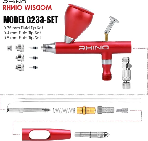 Vista 3 de Rhinowisdom Kit de aerógrafo - Juego de pistola de aerógrafo Alimentación por gravedad de doble acción con juegos de agujas de 0.35, 0.4 y 0.020 in