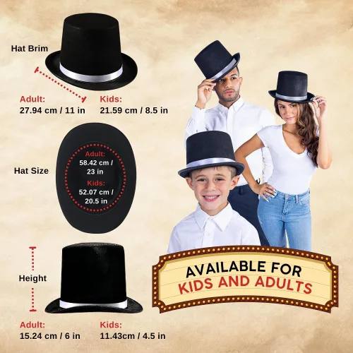 Vista 2 de Dress Up America Sombrero de copa negro para niños y adultos Sombrero formal de esmoquin con ribete Accesorio de disfraz de caballero mago
