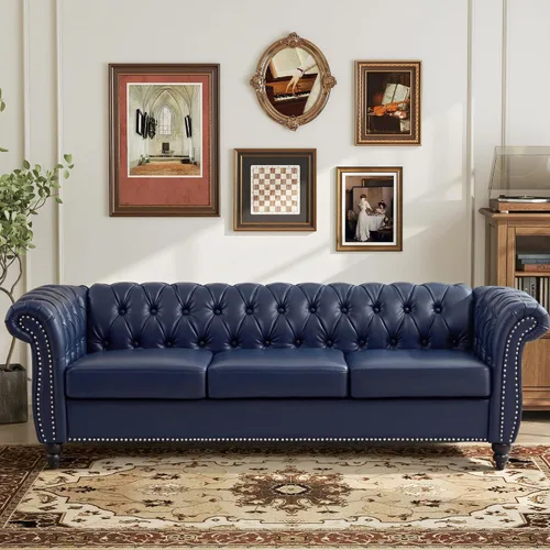 Vista 23 de LEVNARY Sillón Tapizado en Cuero, Silla Sofá Individual Estilo Mediados de Siglo Moderno con Brazos Curvos y Tachuelas, Silla Chesterfield de Cuero