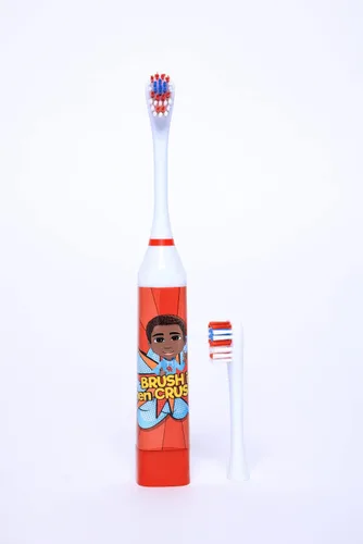 Vista 2 de OUR REFLECTIONS Funciona con pilas, 2 cabezales de cepillo de dientes, cerdas suaves, a partir de 3 años (cepillo de dientes eléctrico John, rojo)