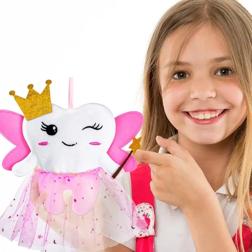 Vista 5 de Breling Kit de almohada de hadas de dientes para niñas, regalo de dientes rosados, lindo soporte para dientes almohada de hadas de dientes
