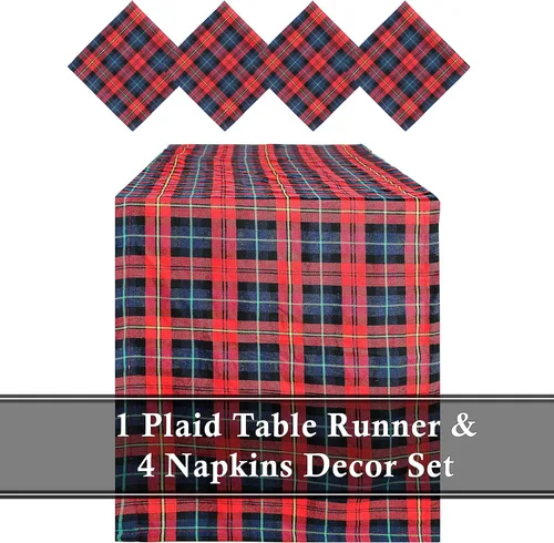 Vista 2 de Camino de mesa y 4 servilletas – Patrón de tartán rojo para Navidad – Camino de 110 x 14 pulgadas y servilletas de 17 x 17 pulgadas – en caja
