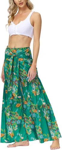 Vista 2 de ALBIZIA Pantalones de cintura alta y pierna ancha para mujer, estilo casual, bohemio, floral, pantalones de playa bohemios con cinturón