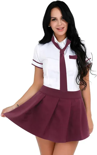 Vista 3 de YOOJIA Uniforme para mujer, disfraz de cosplay de manga corta, camisa de corbata con falda a cuadros, conjuntos de 3 piezas