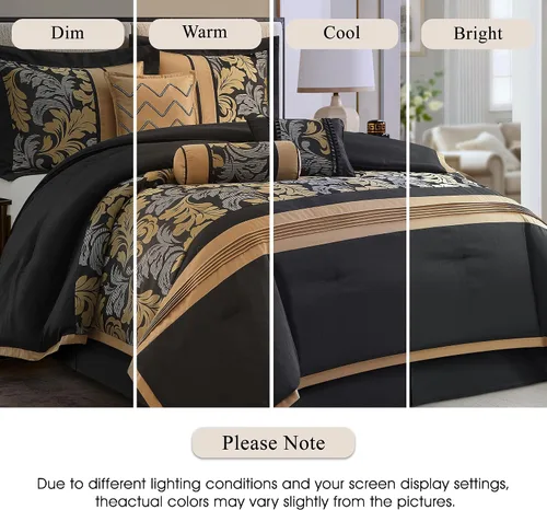 Vista 5 de Stratford Park Juego de ropa de cama de 7 piezas con diseño de hojas, color negro, tamaño Queen, diseño jacquard, para todas las estaciones, falda
