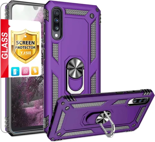 Vista 11 de TJS Funda compatible con Samsung Galaxy A50 2019, con protector de pantalla de vidrio templado, anillo de metal, soporte magnético, resistente Negro