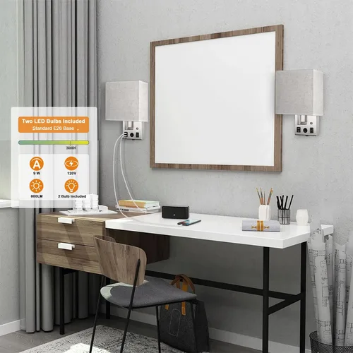 Vista 5 de CADUKE Juego de 2 lámparas de pared de noche, lámpara de pared enchufable con puertos de carga USB y toma de corriente alterna, apliques de pared
