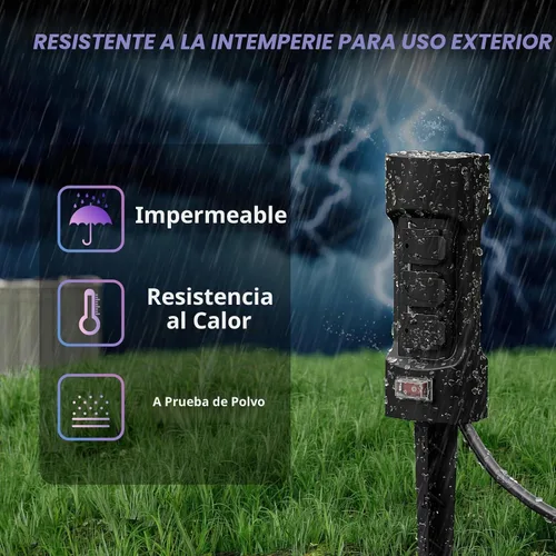 Vista 4 de K KASONIC Estaca de Energía para Exteriores, Cable de Extensión con Regleta de 6 Tomas de 9 pies Kasonic, Doble Cara con Cubiertas Abatibles