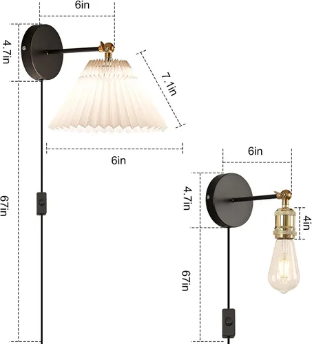 Vista 4 de Aplique de pared con enchufe, juego de 2 luminarias de luz de pared blanca con enchufe, lámpara de pared con cable de enchufe e interruptor