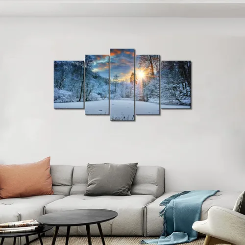 Vista 5 de Arte de pared de invierno, campo de nieve, lienzo moderno, pintura en lienzo de invierno, nieve, bosque, árbol, amanecer, puesta de sol, paisaje