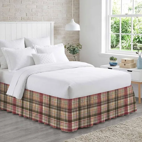 Vista 3 de Falda de cama vintage a cuadros, tamaño Queen de 16 pulgadas de caída, ajustable y elástica, plisada, con volantes de polvo de lujo para cama
