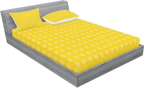 Vista 2 de Ambesonne Yellow Fitted Sheet & Pillow Sham Set, Hippie Flower Children's 70s Retro Themed Pattern Floral Daisy Design Artprint, Decorative Printed