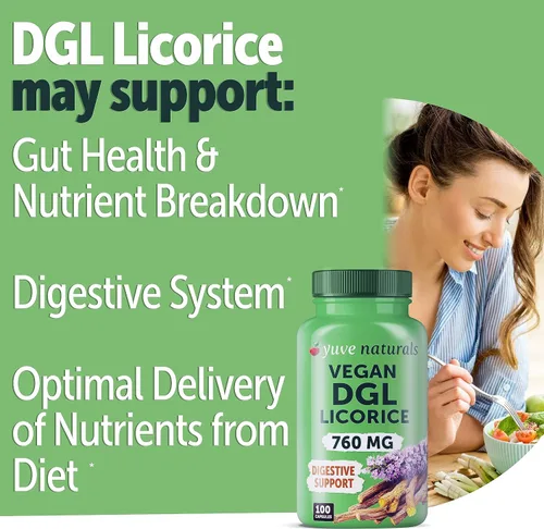 Vista 2 de Yuve Regaliz vegano DGL 760 mg – Suplemento de cápsulas de raíz de regaliz desglicirricinadas ultra puras – Apoya el estómago, el intestino