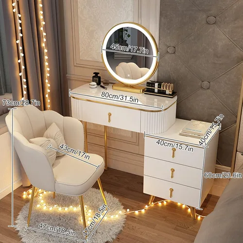 Vista 5 de Juego de tocador grande con luces LED, mesa de tocador de maquillaje con gabinete ajustable y taburete acolchado, 3 modos de iluminación, tocador
