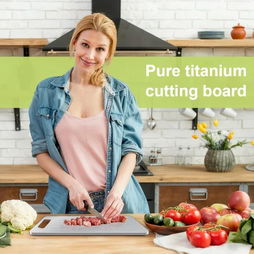 Vista 7 de Tabla de Cortar de Titanio para Cocina, Tabla de Cortar Antiadherente de Acero Inoxidable, Tabla de Titanio de Grado Alimenticio de Doble Cara