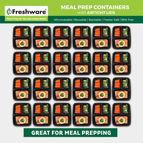 Vista 5 de Freshware Contenedores de preparación de comidas [21 unidades] 3 compartimentos con tapas, contenedores de almacenamiento de alimentos, caja Bento