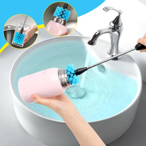 Vista 5 de Juego de 5 cepillos de limpieza de botellas, cepillo de limpieza con mango de acero inoxidable de 35.56 cm de largo y 3 cepillos para pajitas